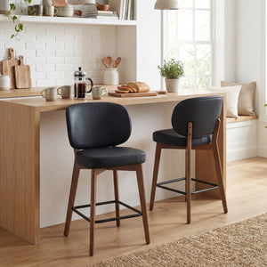 Mid-Century Modern Counter Stool, Fabric Upholstered Barstool with Wingback, Armless Counter Height Bar Stool With Wood Legs, Metal Footrest, For Kitchen Island Bar Counter, Navy, Set of 2  Wooden Bazar