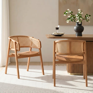 Mid-Century Modern Rubberwood Dining Chairs with Cane Back and Armrests  Wooden Bazar