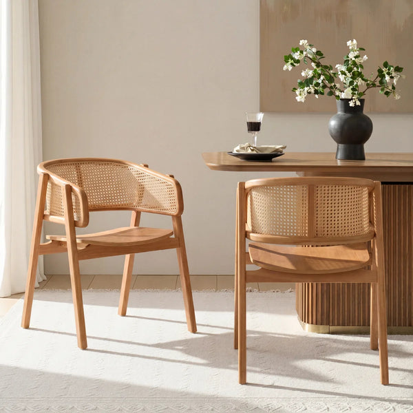 Mid-Century Modern Rubberwood Dining Chairs with Cane Back and Armrests  Wooden Bazar