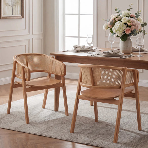 Mid-Century Modern Rubberwood Dining Chairs with Cane Back and Armrests  Wooden Bazar