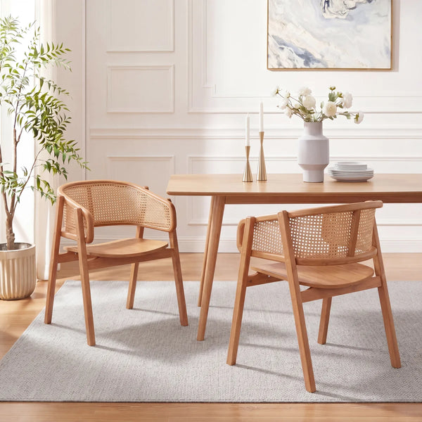 Mid-Century Modern Rubberwood Dining Chairs with Cane Back and Armrests  Wooden Bazar