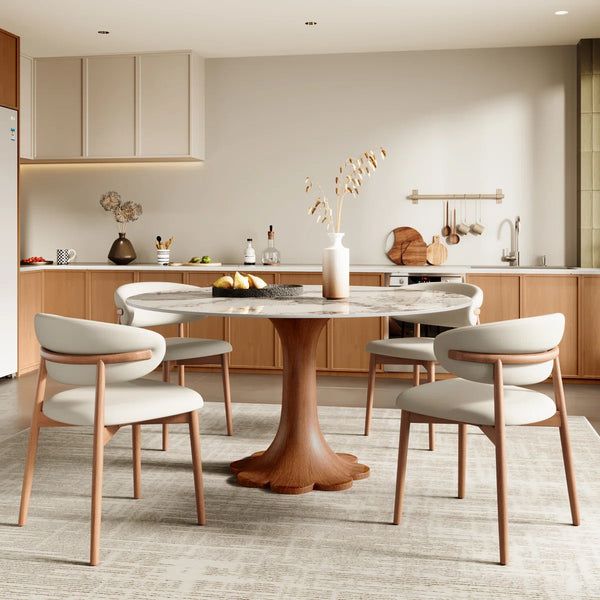 Mid-Century Modern Snow/Sand Sintered Stone Round Dining Set with Walnut Floral Pedestal Base (1 Table, 4/6/8 Chairs)