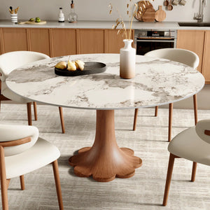 Mid-Century Modern Snow/Sand Sintered Stone Round Dining Set with Walnut Floral Pedestal Base (1 Table, 4/6/8 Chairs)