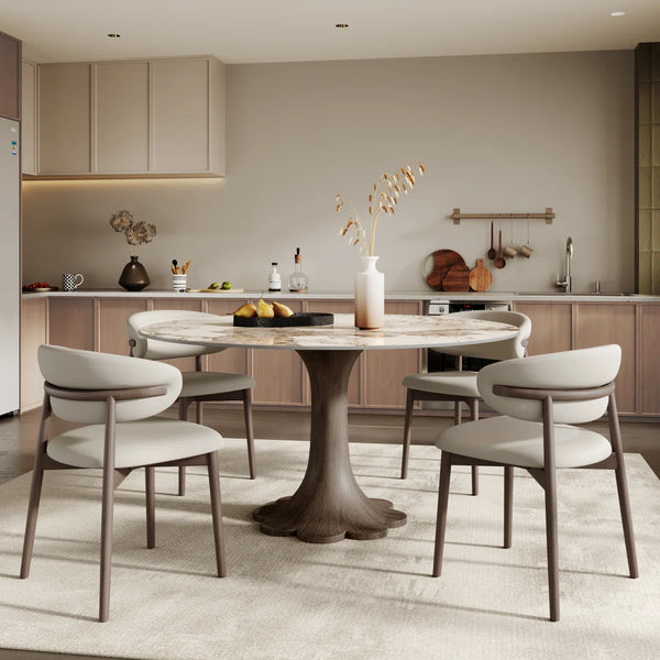 Mid-Century Modern Snow/Sand Sintered Stone Round Dining Set with Walnut Floral Pedestal Base (1 Table, 4/6/8 Chairs)