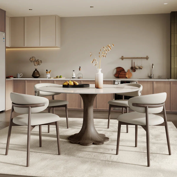 Mid-Century Modern Snow/Sand Sintered Stone Round Dining Set with Walnut Floral Pedestal Base (1 Table, 4/6/8 Chairs)