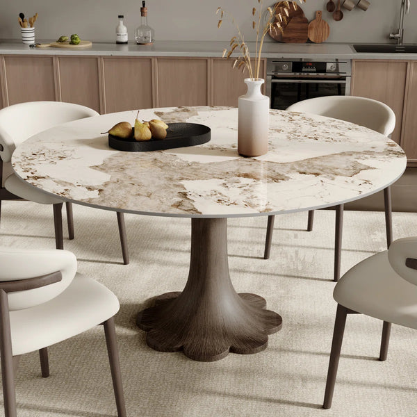 Mid-Century Modern Snow/Sand Sintered Stone Round Dining Set with Walnut Floral Pedestal Base (1 Table, 4/6/8 Chairs)
