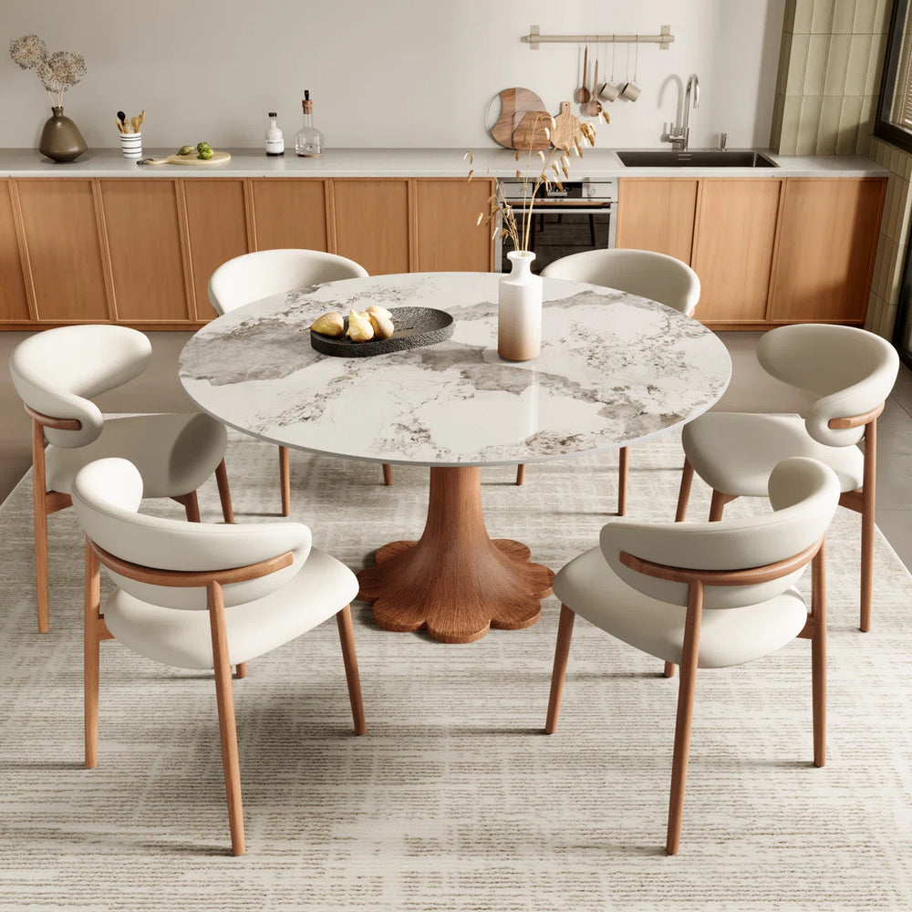 Mid-Century Modern Snow/Sand Sintered Stone Round Dining Set with Walnut Floral Pedestal Base (1 Table, 4/6/8 Chairs)
