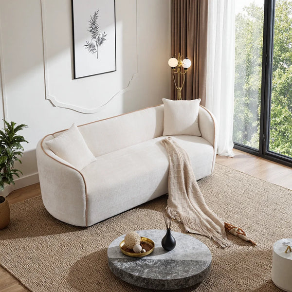 Modern 3-Seater Curved Boucle Sofa  Wooden Sofa