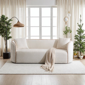 Modern 3-Seater Curved Boucle Sofa  Wooden Sofa