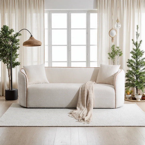 Modern 3-Seater Curved Boucle Sofa  Wooden Sofa