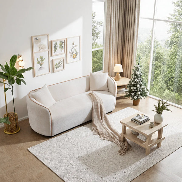 Modern 3-Seater Curved Boucle Sofa  Wooden Sofa