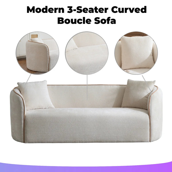 Modern 3-Seater Curved Boucle Sofa  Wooden Sofa