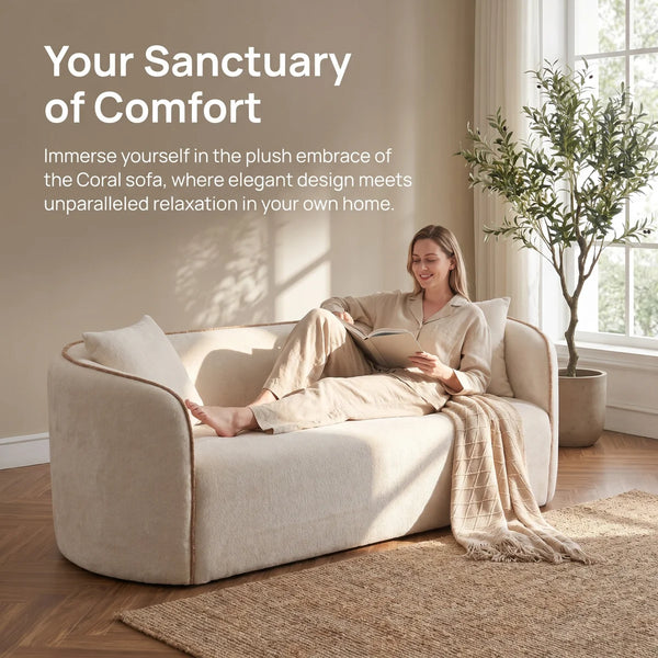 Modern 3-Seater Curved Boucle Sofa  Wooden Sofa