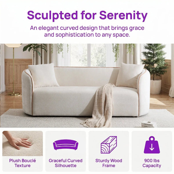 Modern 3-Seater Curved Boucle Sofa  Wooden Sofa