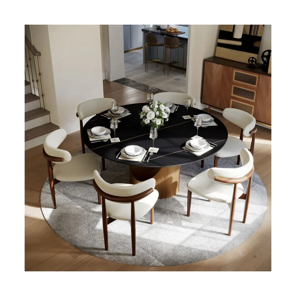 Kenoos Round Sintered Stone Dining Table Set with Chairs - Wooden Bazar