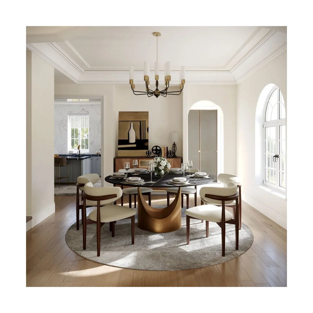 Kenoos Round Sintered Stone Dining Table Set with Chairs - Wooden Bazar