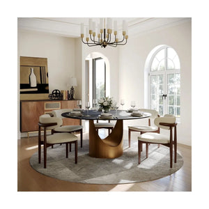 Kenoos Round Sintered Stone Dining Table Set with Chairs - Wooden Bazar