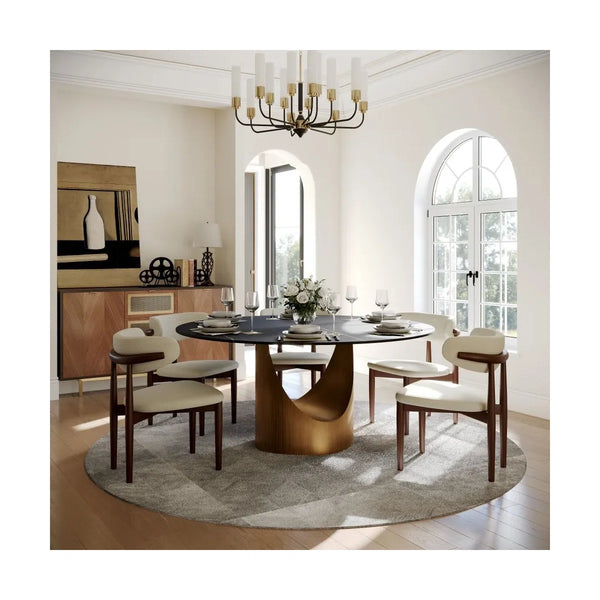 Kenoos Round Sintered Stone Dining Table Set with Chairs - Wooden Bazar