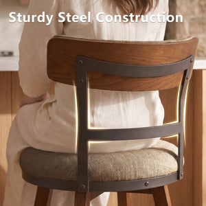 Modern Bar Stools Set of 2, 26" Thick Upholstered Barstools with Curved Frabic Backrest&Solid Wood Legs&Matte Metal Frame, Counter Height Bar Stools for Kicthen Island,Khaki  Wooden Bazar