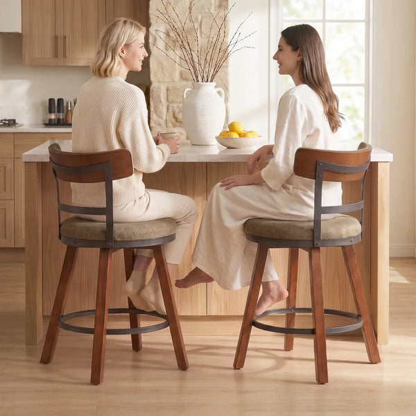 Modern Bar Stools Set of 2, 26" Thick Upholstered Barstools with Curved Frabic Backrest&Solid Wood Legs&Matte Metal Frame, Counter Height Bar Stools for Kicthen Island,Khaki  Wooden Bazar