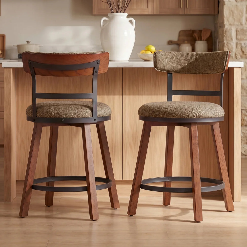 Modern Bar Stools Set of 2, 26" Thick Upholstered Barstools with Curved Frabic Backrest&Solid Wood Legs&Matte Metal Frame, Counter Height Bar Stools for Kicthen Island,Khaki  Wooden Bazar