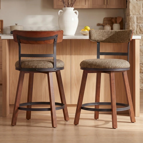 Modern Bar Stools Set of 2, 26" Thick Upholstered Barstools with Curved Frabic Backrest&Solid Wood Legs&Matte Metal Frame, Counter Height Bar Stools for Kicthen Island,Khaki  Wooden Bazar