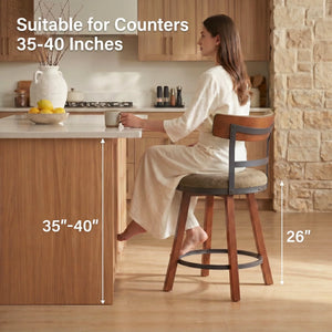 Modern Bar Stools Set of 2, 26" Thick Upholstered Barstools with Curved Frabic Backrest&Solid Wood Legs&Matte Metal Frame, Counter Height Bar Stools for Kicthen Island,Khaki  Wooden Bazar
