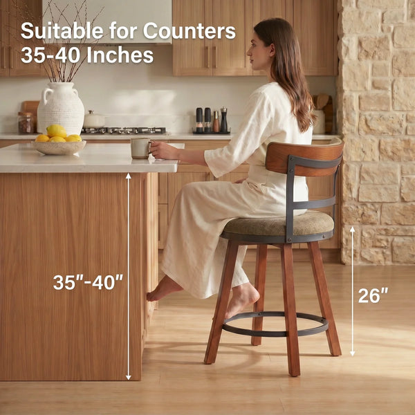 Modern Bar Stools Set of 2, 26" Thick Upholstered Barstools with Curved Frabic Backrest&Solid Wood Legs&Matte Metal Frame, Counter Height Bar Stools for Kicthen Island,Khaki  Wooden Bazar