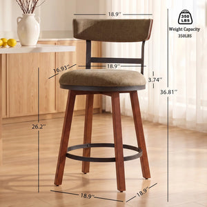 Modern Bar Stools Set of 2, 26" Thick Upholstered Barstools with Curved Frabic Backrest&Solid Wood Legs&Matte Metal Frame, Counter Height Bar Stools for Kicthen Island,Khaki  Wooden Bazar