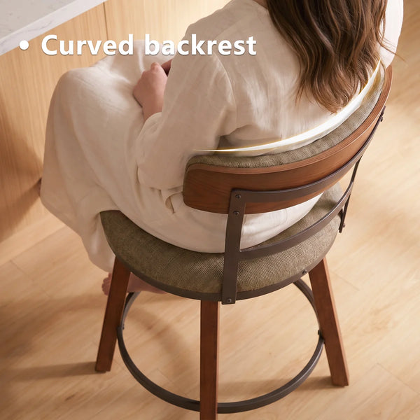 Modern Bar Stools Set of 2, 26" Thick Upholstered Barstools with Curved Frabic Backrest&Solid Wood Legs&Matte Metal Frame, Counter Height Bar Stools for Kicthen Island,Khaki  Wooden Bazar