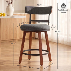 Modern Bar Stools Set of 2, 26" Thick Upholstered Barstools with Curved Frabic Backrest&Solid Wood Legs&Matte Metal Frame, Counter Height Bar Stools for Kicthen Island,Khaki  Wooden Bazar