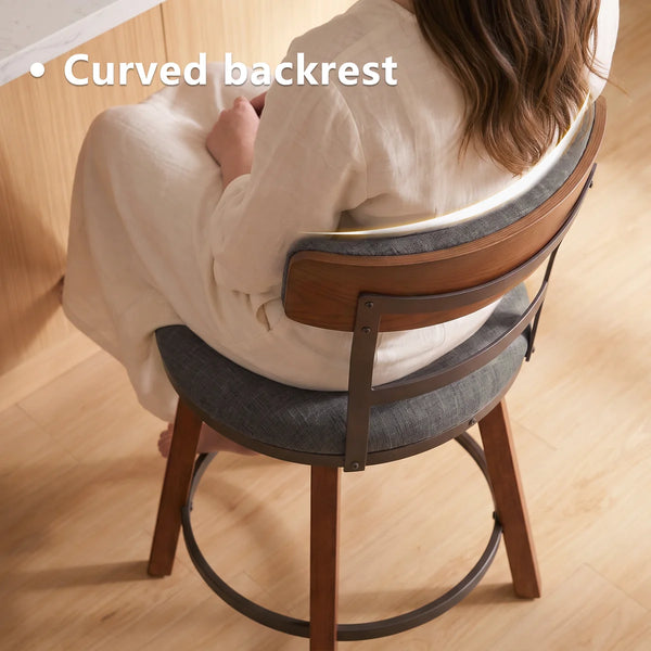 Modern Bar Stools Set of 2, 26" Thick Upholstered Barstools with Curved Frabic Backrest&Solid Wood Legs&Matte Metal Frame, Counter Height Bar Stools for Kicthen Island,Khaki  Wooden Bazar