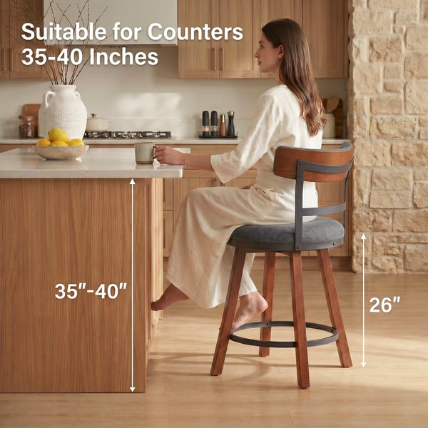 Modern Bar Stools Set of 2, 26" Thick Upholstered Barstools with Curved Frabic Backrest&Solid Wood Legs&Matte Metal Frame, Counter Height Bar Stools for Kicthen Island,Khaki  Wooden Bazar