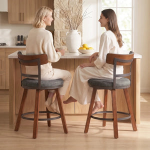 Modern Bar Stools Set of 2, 26" Thick Upholstered Barstools with Curved Frabic Backrest&Solid Wood Legs&Matte Metal Frame, Counter Height Bar Stools for Kicthen Island,Khaki  Wooden Bazar