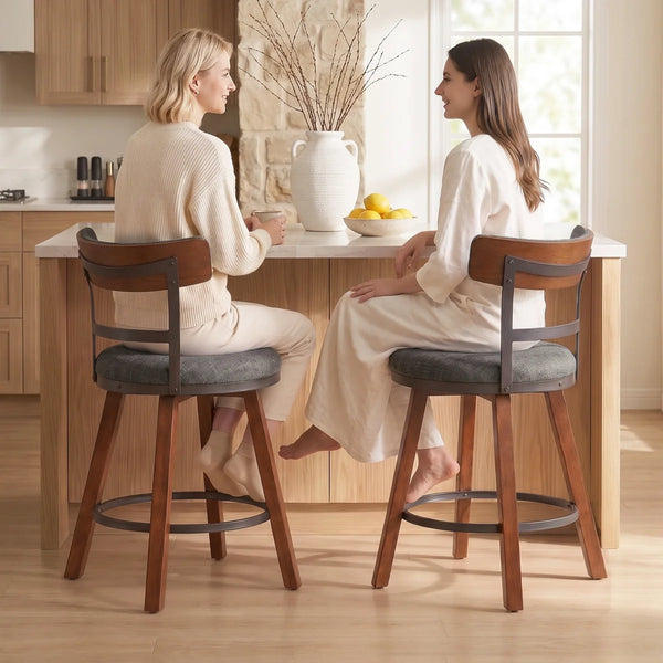 Modern Bar Stools Set of 2, 26" Thick Upholstered Barstools with Curved Frabic Backrest&Solid Wood Legs&Matte Metal Frame, Counter Height Bar Stools for Kicthen Island,Khaki  Wooden Bazar