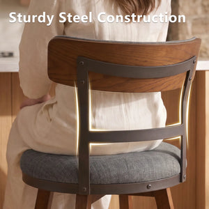 Modern Bar Stools Set of 2, 26" Thick Upholstered Barstools with Curved Frabic Backrest&Solid Wood Legs&Matte Metal Frame, Counter Height Bar Stools for Kicthen Island,Khaki  Wooden Bazar