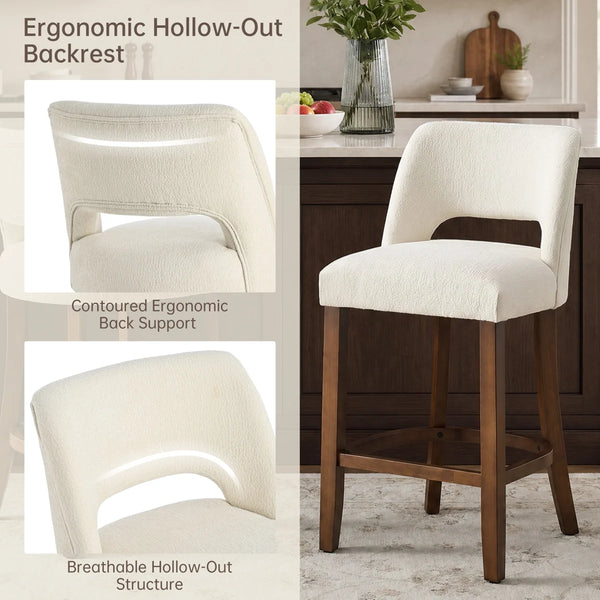 Modern Chenille Upholstered Counter Height Bar Stools with Solid Wood Legs and Cutout Back,Set Of 2  Wooden Bazar
