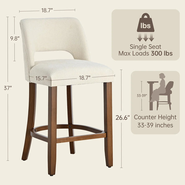 Modern Chenille Upholstered Counter Height Bar Stools with Solid Wood Legs and Cutout Back,Set Of 2  Wooden Bazar