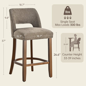 Modern Chenille Upholstered Counter Height Bar Stools with Solid Wood Legs and Cutout Back,Set Of 2  Wooden Bazar