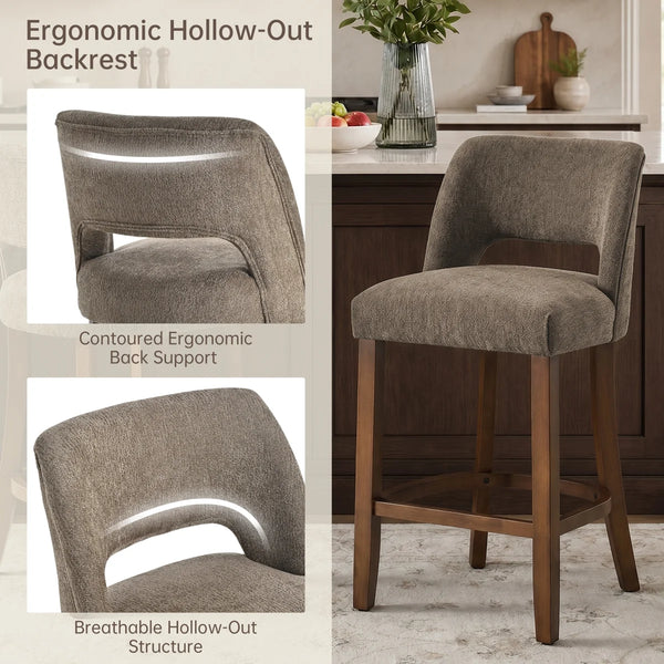 Modern Chenille Upholstered Counter Height Bar Stools with Solid Wood Legs and Cutout Back,Set Of 2  Wooden Bazar