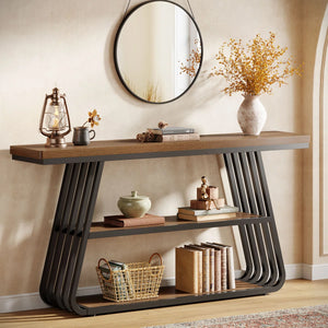 Modern 55-Inch Console Table with 3 Tiers and Iron Frame for Entryway & Living Room  Wooden Bazar