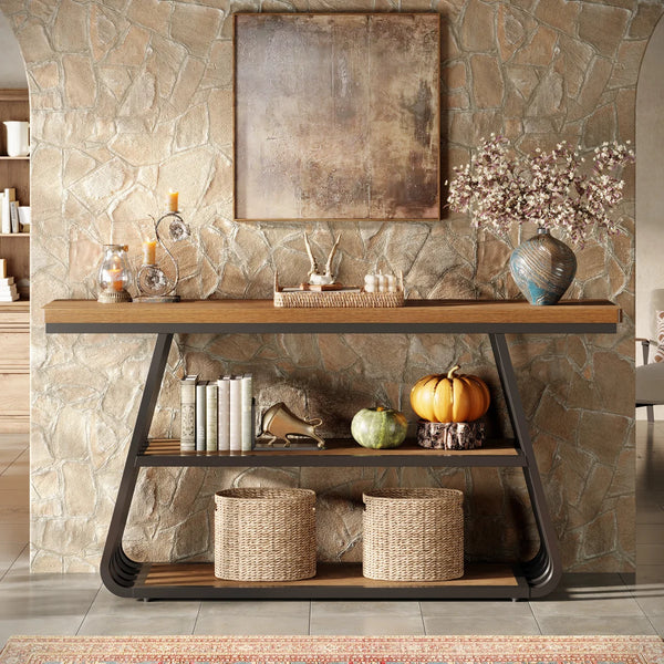 Modern 55-Inch Console Table with 3 Tiers and Iron Frame for Entryway & Living Room  Wooden Bazar