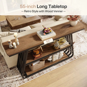 Modern 55-Inch Console Table with 3 Tiers and Iron Frame for Entryway & Living Room  Wooden Bazar