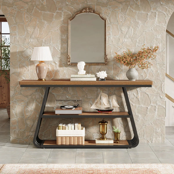 Modern 55-Inch Console Table with 3 Tiers and Iron Frame for Entryway & Living Room  Wooden Bazar