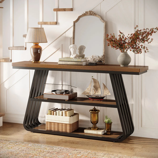 Modern 55-Inch Console Table with 3 Tiers and Iron Frame for Entryway & Living Room  Wooden Bazar