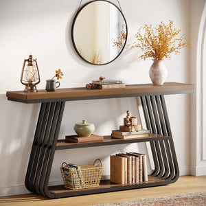 Modern 55-Inch Console Table with 3 Tiers and Iron Frame for Entryway & Living Room  Wooden Bazar