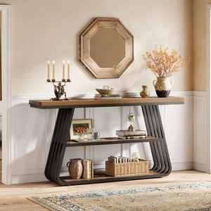 Modern 55-Inch Console Table with 3 Tiers and Iron Frame for Entryway & Living Room  Wooden Bazar