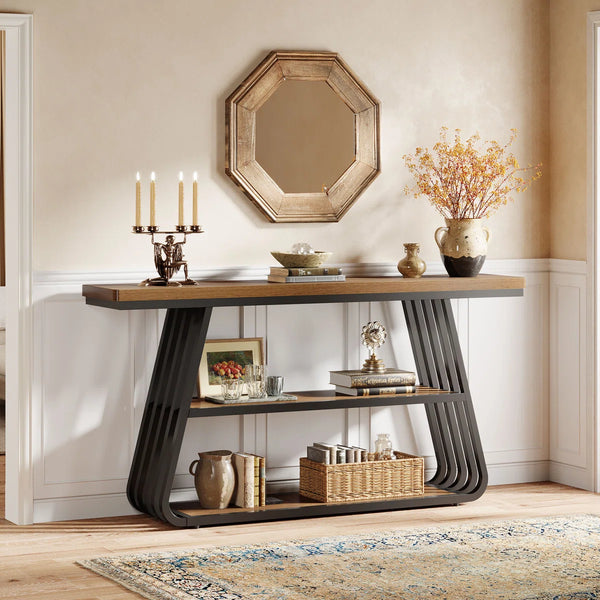 Modern 55-Inch Console Table with 3 Tiers and Iron Frame for Entryway & Living Room  Wooden Bazar