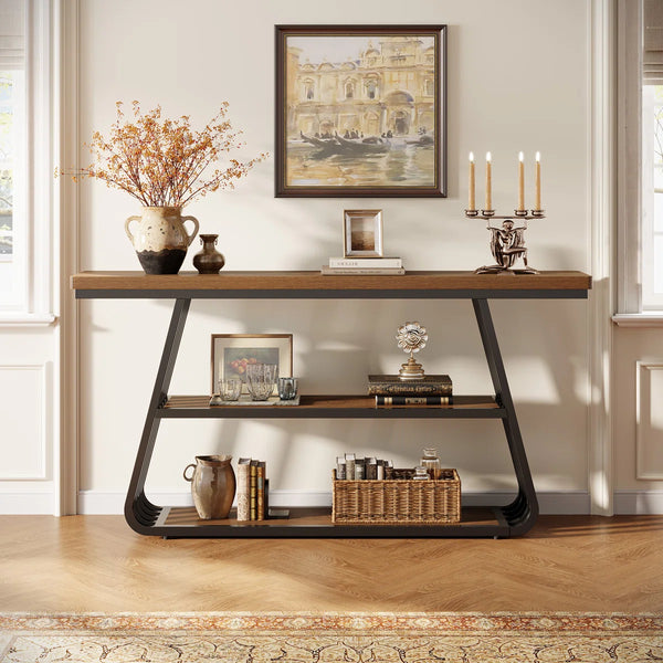Modern 55-Inch Console Table with 3 Tiers and Iron Frame for Entryway & Living Room  Wooden Bazar