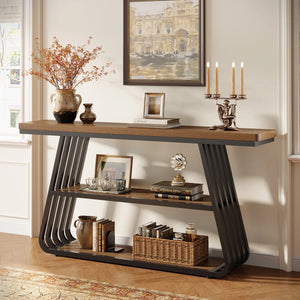Modern 55-Inch Console Table with 3 Tiers and Iron Frame for Entryway & Living Room  Wooden Bazar